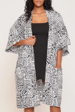 Red Graphics Print Cardigan Collar 3/4 Sleeve Pocket Vacation Casual Longline Cardigan Coats