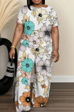 Green Floral Print O Neck Short Sleeve Oversize T-shirt And Wide Leg Pants Two Pieces Trouser Set