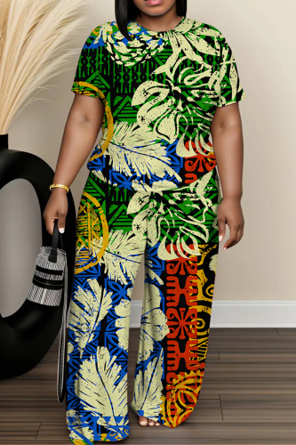 Green Graphics Print O Neck Short Sleeve T-shirt And Wide Leg Pants Vacation Casual Two Pieces Trouser Sets