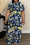 Blue Graphics Print Round Neck Short Sleeve T-shirt and Wide Leg Pants Two Pieces Trouser Sets