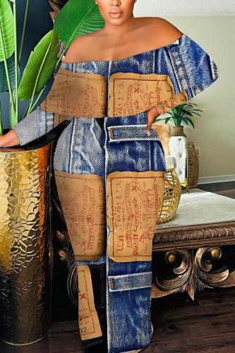Blue Faux Denim Print Ruffle Sleeve Off Shoulder Flounce Loose Fit Casual Outing Plus Size Maxi Dress