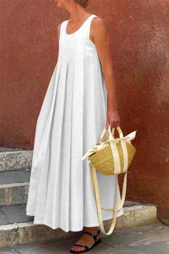 White O Neck Sleeveless Casual Vacation Pleated Maxi Tank Dresses