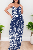 Blue Geometric Print Sleeveless O Neck Casual Vacation Baggy Loose Sundress Maxi Slip Dresses