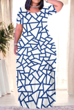 Black White Geometric Print O Neck Short Sleeve Pocket Loose Floor Length Casual Plus Size Maxi T-shirt Dresses