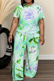 Green Graphics Print O Neck Short Sleeve T-shirt And Wide Leg Pants Vacation Casual Two Pieces Trouser Sets