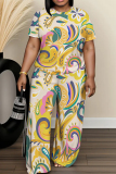 Blue Graphics Print Round Neck Short Sleeve T-shirt and Wide Leg Pants Two Pieces Trouser Sets