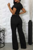 Black Letters Print O Neck Short Sleeve Crop Tops And Pocket Pants Sportwear Casual Two Pieces Jogger Sets