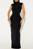 Yellow Sleeveless Turtleneck Formal Evening Party Prom Casual Ruched Bodycon Maxi Dresses