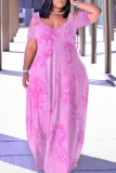Purple Floral Print V Neck Cold Shoulder Hollow Out Casual Loose Plus Size Maxi Dresses
