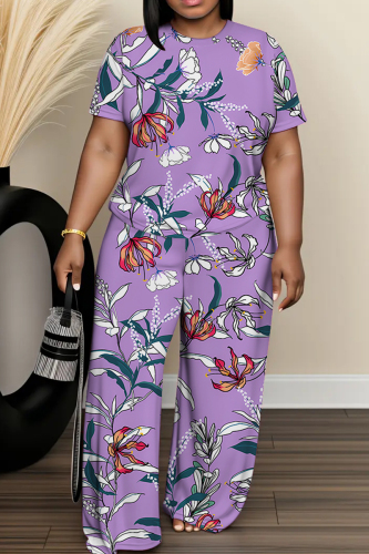 Purple Floral Print O Neck Short Sleeve T-shirt And Wide Leg Pants Vacation Casual Two Pieces Trouser Sets
