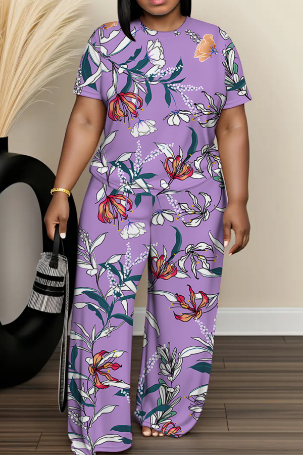 Purple Floral Print O Neck Short Sleeve T-shirt And Wide Leg Pants Vacation Casual Two Pieces Trouser Sets
