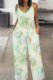 Black Print Sleeveless Backless Spaghetti Strap Casual Vacation Wide Leg Cami Jumpsuits