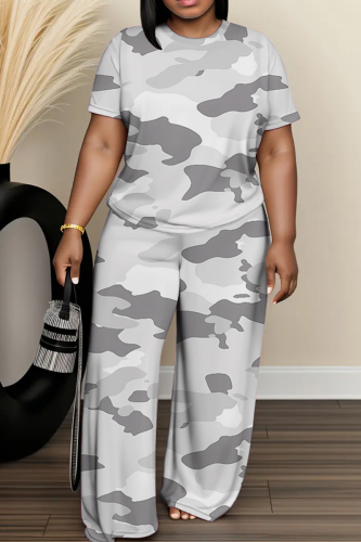Grey Graphics Print O Neck Short Sleeve Oversize T-shirt And Wide Leg Pants Two Pieces Trouser Set