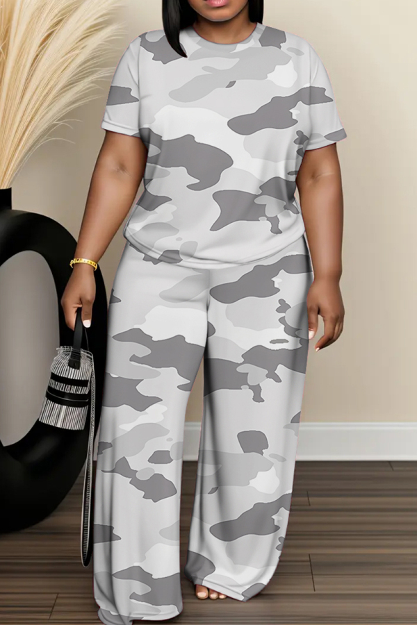 Grey Graphics Print O Neck Short Sleeve Oversize T-shirt And Wide Leg Pants Two Pieces Trouser Set