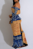 Blue Faux Denim Print Ruffle Sleeve Off Shoulder Flounce Loose Fit Casual Outing Plus Size Maxi Dress