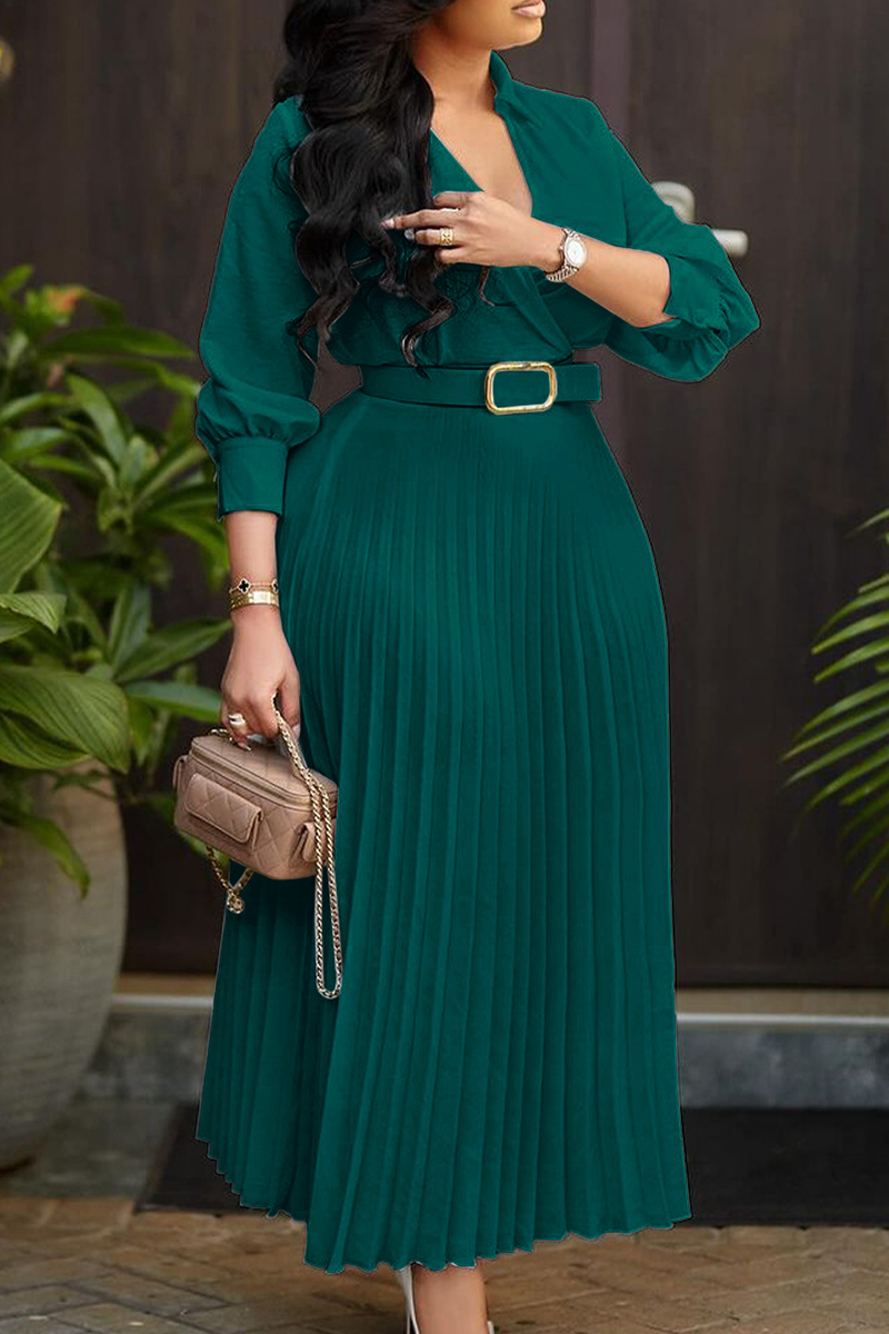 V-neck Cap Sleeves Pleated Floor-length Dress Dark Green