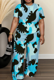 Grey Graphics Print O Neck Short Sleeve Oversize T-shirt And Wide Leg Pants Two Pieces Trouser Set
