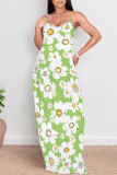 Blue Floral Print Sleeveless O Neck Casual Vacation Baggy Loose Sundress Maxi Slip Dresses