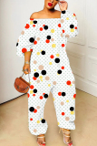 White Polka Dot Print Off Shoulder Long Sleeve Vacation Casual Harem Leg Jumpsuits