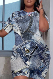 Denim Blue Faux Denim Print O Neck Short Sleeve Oversize T Shirt And Shorts Set Casual Sportwear Plus Size Two Piece Matching Set