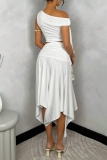 White Oblique Collar Sleeveless Belted Crop Tops And Slit Ruched Irregular Hem Maxi Skirt Formal Evening Party Prom Two Pieces Dress Sets