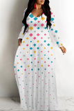 Blue Casual Flowers Colorblock Print Pocket V Neck Long Sleeve Floor Length Maxi Dresses