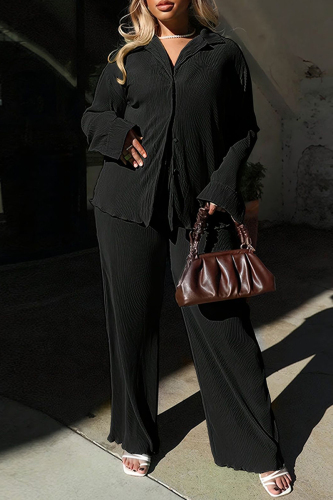Black Turndown Collar Long Sleeve Buttons Blouse And Wide Leg Pants Vacation Casual Two Pieces Trouser Sets