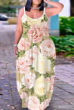 Apricot Floral Print Sleeveless Backless Floor Length Casual Outing Straight Loose Maxi Slip Dress