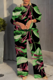 Rose Red Graphcis Print O Neck Long Sleeve Oversize Tops And Wide Leg Pants Sportwear Casual Plus Size Two Pieces Sweatpant Sets