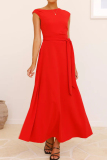 Red Sleeveless Oblique Collar Lace Up Formal Evening Party Prom Maxi Dresses