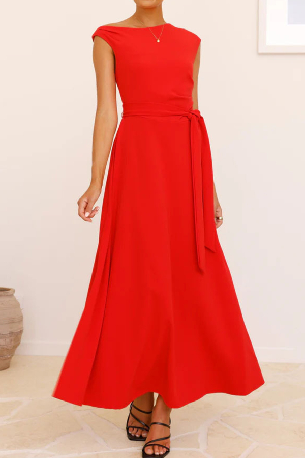 Red Sleeveless Oblique Collar Lace Up Formal Evening Party Prom Maxi Dresses