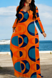 Orange Casual Geometric Print Pocket V Neck Long Sleeve Floor Length Maxi Dresses