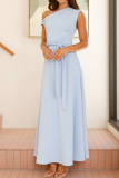 Red Sleeveless Oblique Collar Lace Up Formal Evening Party Prom Maxi Dresses