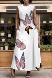 Orange Graphcis Print Backless Sleeveless O Neck Pocket Floor Length Vacation Baggy Sundress Maxi Tank Dress