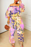 White Graphics Print Off Shoulder Long Sleeve Vacation Casual Harem Leg Jumpsuits