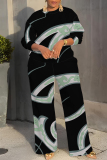 Lake Green Graphcis Print O Neck Long Sleeve Oversize Tops And Wide Leg Pants Sportwear Casual Plus Size Two Pieces Sweatpant Sets