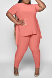 Grass Green O Neck Slit Belted T-shirt And Ruched Skinny Pants Casual Plus Size Two Pieces Trouser Sets