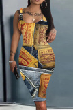 Blue Khaki Faux Denim Print Basic U Neck Sleeveless Vest Casual Bodycon Midi Tank Dresses
