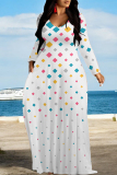 Blue Casual Flowers Colorblock Print Pocket V Neck Long Sleeve Floor Length Maxi Dresses