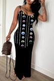 Black Graphics Print Backless Sleeveless Spaghetti Strap Floor Length Long Baggy Vacation Maxi Slip Dresses