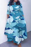 Blue Red Graphics Print O Neck 3/4 Sleeve Belted Pockets Long Vacation Casual Pleated A Line Maxi Dresses