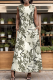 Orange Graphcis Print Backless Sleeveless O Neck Pocket Floor Length Vacation Baggy Sundress Maxi Tank Dress