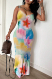 Light Green Floral Print Backless Sleeveless Spaghetti Strap Floor Length Long Baggy Vacation Maxi Slip Dresses