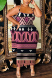 Green Graphics Print Sleeveless Backless Spaghetti Strap Bodycorn Vacation Long Maxi Slip Dresses