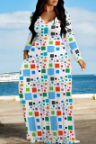 Blue Casual Flowers Colorblock Print Pocket V Neck Long Sleeve Floor Length Maxi Dresses