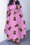 Dark Pink Graphics Print O Neck 3/4 Sleeve Belted Pockets Long Vacation Casual Pleated A Line Maxi Dresses