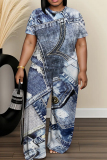 Blue Khaki Faux Denim Print O Neck Short Sleeve Oversize T-shirt And Wide Leg Pants Casual Two Pieces Trouser Sets