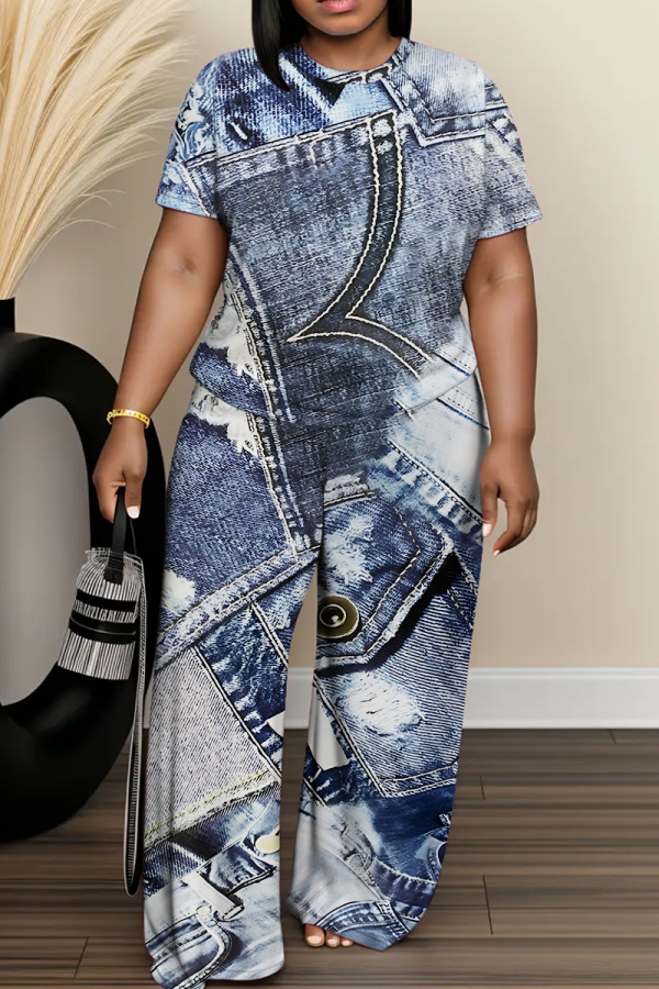 Blue Khaki Faux Denim Print O Neck Short Sleeve Oversize T-shirt And Wide Leg Pants Casual Two Pieces Trouser Sets
