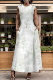 Orange Graphcis Print Backless Sleeveless O Neck Pocket Floor Length Vacation Baggy Sundress Maxi Tank Dress