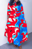 Blue Red Graphics Print O Neck 3/4 Sleeve Belted Pockets Long Vacation Casual Pleated A Line Maxi Dresses